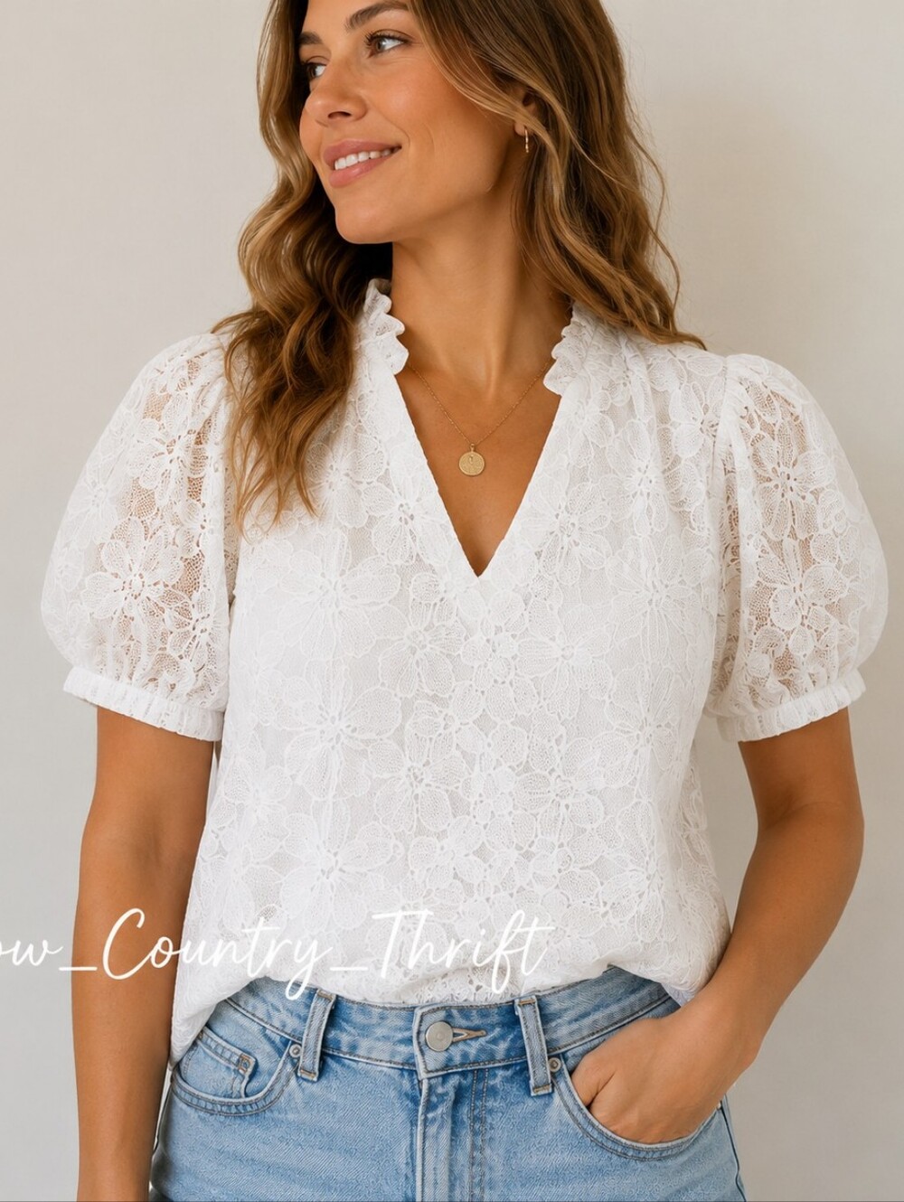Willa Story White Floral Lace Puff Sleeve Blouse L Made USA Cottagecore